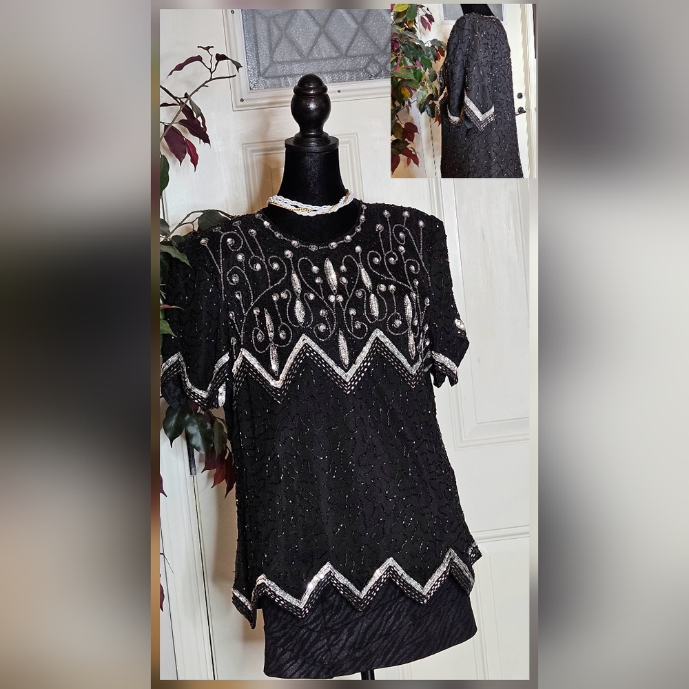 Vintage Laurence Kazar Black & Silver Beaded Sequin Blouse Top, Size XL, Gatsby